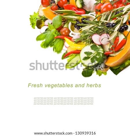 fresh vegetables and herbs isolated on a white background with sample text