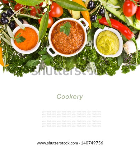 fresh vegetables and herbs and cooking sauces in white bowl isolated on a white background with sample text