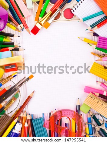 Back to school concept Photo of Items for school student gear  over white Corrugated cardboard background