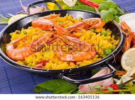 traditional spanish rice - paella closeup typical Spanish food, Mediterranean food