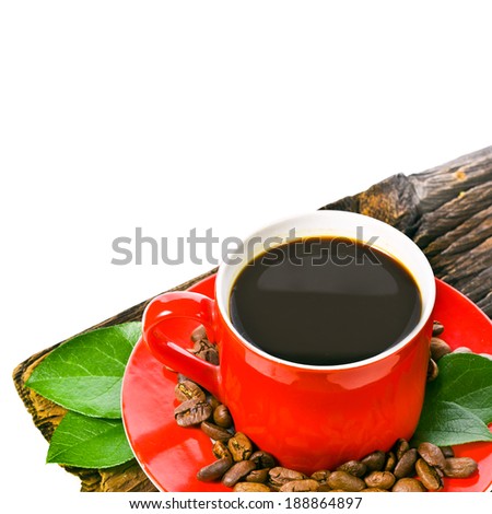 Coffee red cup and coffee bean on an old wooden board  isolated on white background