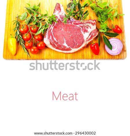 meat, a large pieces of fresh meat, beef, to be on the board, decorated with greens and vegetables isolated on white background