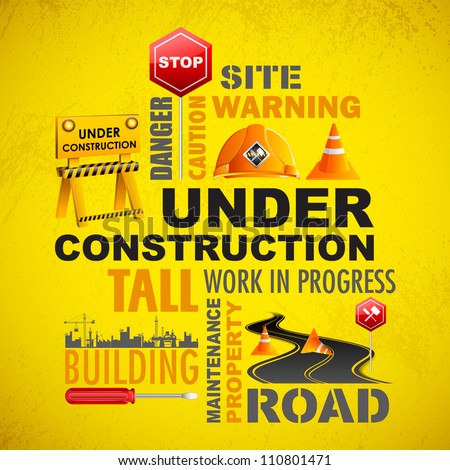 illustration of under construction word cloud with object illustration of under construction word cloud with object
