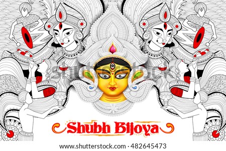 illustration of goddess Durga in festival background with bengali text meaning Subh Bijoya (Happy Dussehra)