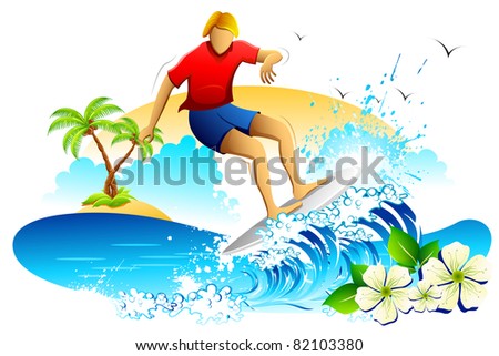 illustration of young man surfing on sea waves