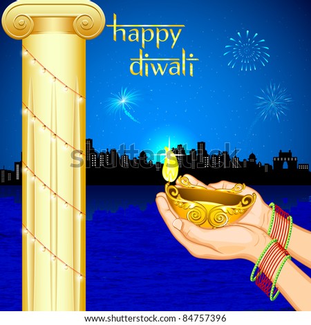 illustration of lady offering prayer with burning diya on eve of diwali