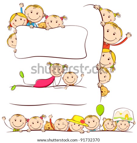 illustration of kids peeping behind placard illustration of kids peeping behind placard