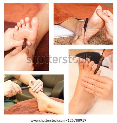 Collection of reflexology foot massage, spa foot treatment by wood stick