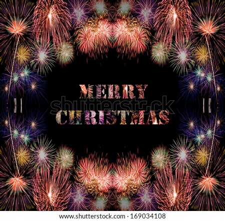 merry christmas celebration concept with fireworks text and beautiful fireworks in the night.