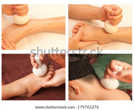 Collection of reflexology massage, spa treatment by ball herbal