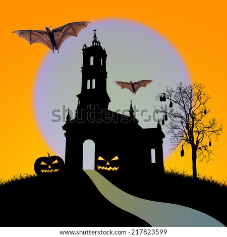 Halloween night,  silhouette of church and black dead tree with bat on the moon background,useful for some Halloween concept