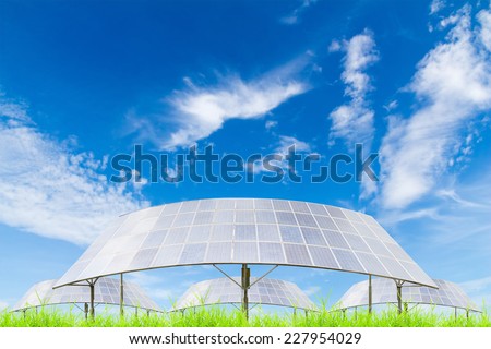 Solar panels on green grass field against blue sky background,useful for carbon credits concept.