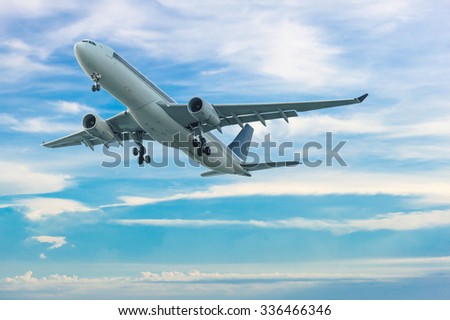 Commercial airplane flying with blue sky background