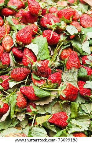 Strawberry with leaf in a basket
