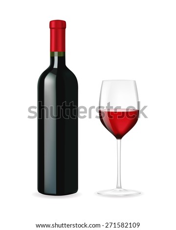 Red wine bottle with glass . Isolated on white background. Raster version