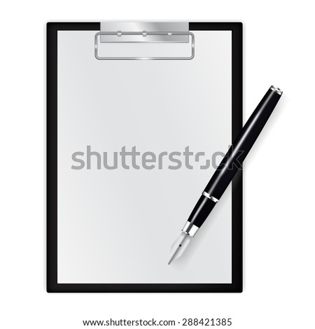 Clipboard with blank sheets of paper with fountain writing pen isolated on white. Raster version