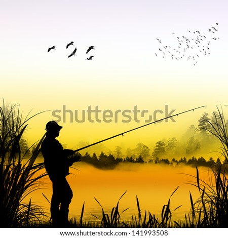 Fisherman silhouette against the background of beautiful scenery