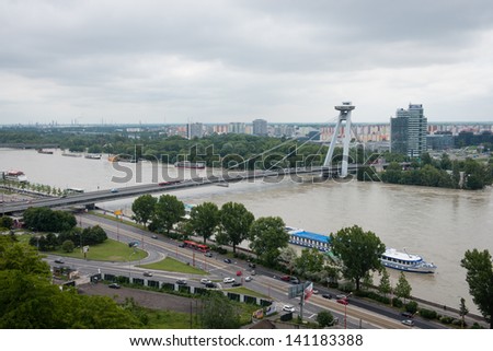 BRATISLAVA, SLOVAKIA - JUNE 5:  Rising water of Danube - view from Bratislava castle on June 5, 2013 in Bratislava