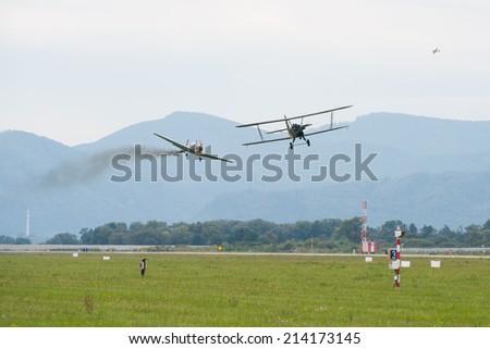 SLIAC, SLOVAKIA - AUGUST 30: performace of Retro Sky Team on SIAF airshow in Sliac, Slovakia on August 30, 2014