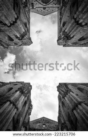 ancient architecture - ruin of cathedral - black and white picture