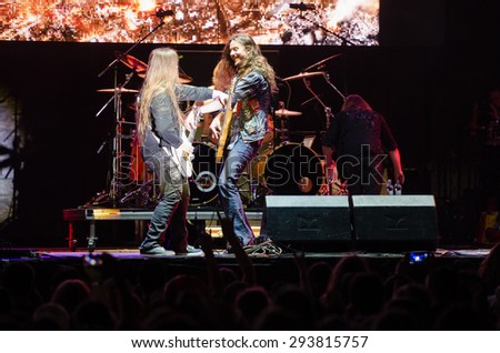 PIESTANY, SLOVAKIA - JUNE 26: guitarists of Finnish power metal band Stratovarius perform on music festival Topfest in Piestany, Slovakia on June 26, 2015