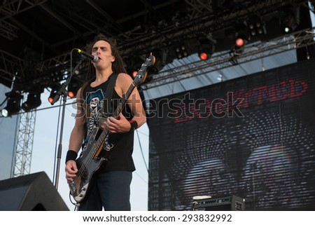 PIESTANY, SLOVAKIA - JUNE 26: Irish Rob - bassist of Scottish punk rock band The Exploited performs on music festival Topfest in Piestany, Slovakia on June 26, 2015