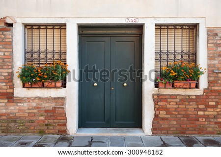 door and windows of old brick house