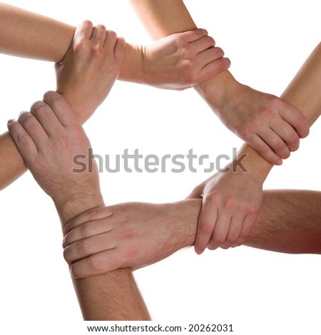 6 hands connected isolated on white background 6 hands connected isolated on white background