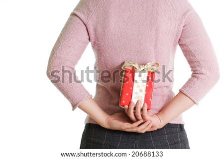 red box representing present hidden behind back of person. Isolated over white