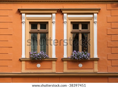 two symmetric wooden windows with flowers on the orange facade