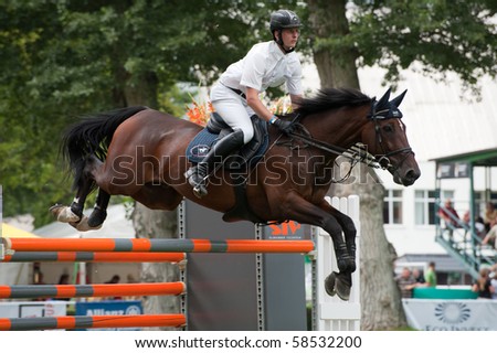BRATISLAVA, SLOVAKIA - AUGUST 5:  HASSMANN Felix on horse NATHAN DES HAYETTES in action during first round of qualification to Grand Prix CSIO-W*** August 5, 2010 in Bratislava, Slovakia
