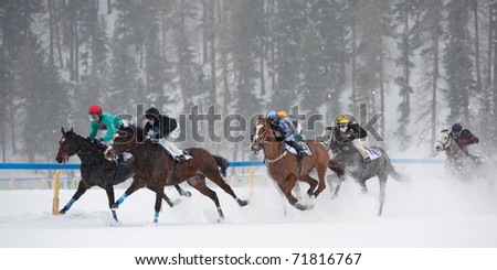 ST. MORITZ, SWITZERLAND - FEBRUARY 20:  First race of the day - Grand Prix Prestige won by Libretto, jockey: Minarik Filip on February 20, 2011 in St. Moritz, Switzerland