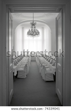 wedding reception room, black and white picture