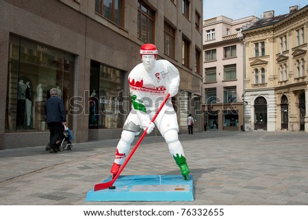 BRATISLAVA, SLOVAKIA - MAY 1:  Statue of Belorussian hockey player installed on Laurinska street during hockey championships on May 1, 2011 in Bratislava, Slovakia