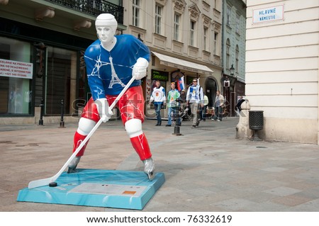 BRATISLAVA, SLOVAKIA - MAY 1:  Statue of French hockey player on Main square in the city center during ice hockey championships on May 1, 2011 in Bratislava, Slovakia