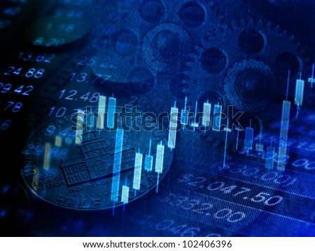 Finance background with stock market chart, coins and gears. Business mechanism concept.