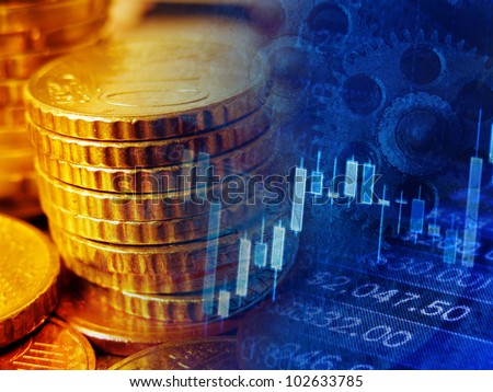 Finance background with coins and graph.