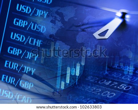 Finance background with stock market chart, currency data and clock. Business concept.