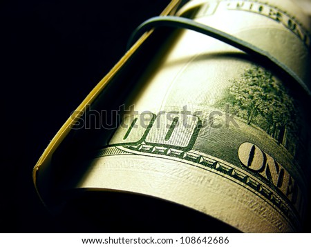 Money roll with US dollars. Selective focus.
