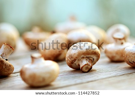 Mushrooms On A Wooden Table. Macro Image.