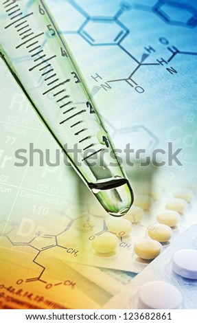 Chemistry science formula and tablets. Medicine symbol.