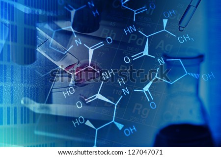 Chemistry science background with laboratory tools and formula.