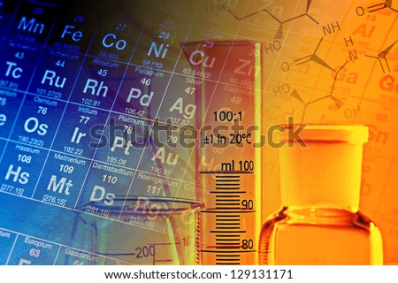Laboratory glassware and periodic table of elements. Science concept.