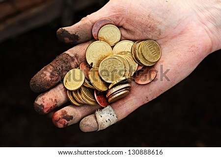 Dirty hand with coins. Small depth of field.