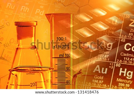 Laboratory glassware in yellow light with chemical formula. Science concept.