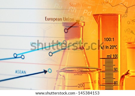 Laboratory glassware in yellow light and world science progress. World science concept.