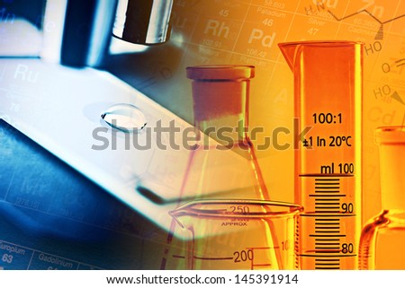 Laboratory glassware in yellow light and microscope with material. Science concept.