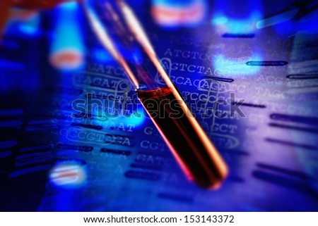 Blood in test tube and background with chemical formula. Tilt shift lens use.