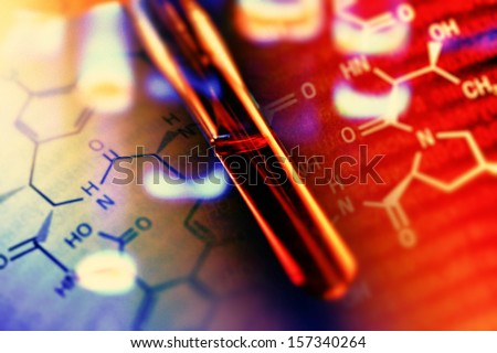 Blood in test tube and background with chemical formula.
