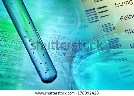 Test tube and DNA data. Science concept.